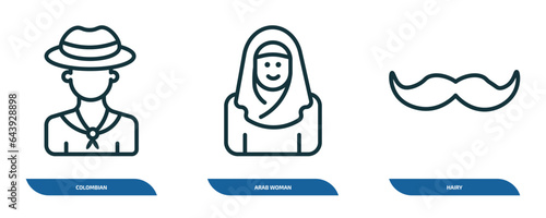 set of 3 linear icons from people concept. outline icons such as colombian, arab woman, hairy vector