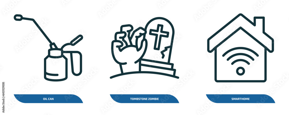 set of 3 linear icons from other concept. outline icons such as oil can, tombstone zombie hand, smarthome vector set of 3 linear icons from other concept. outline icons such as oil can, tombstone zombie hand, smarthome vector