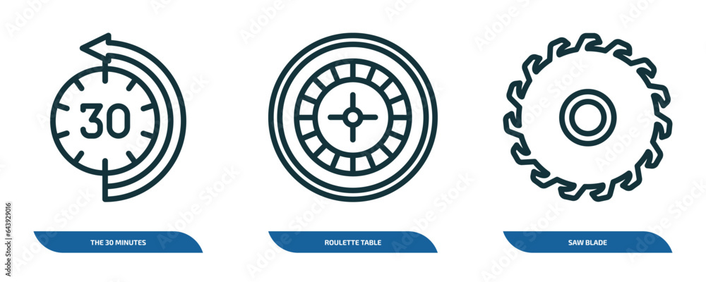 set of 3 linear icons from other concept. outline icons such as the 30 minutes, roulette table, saw blade vector