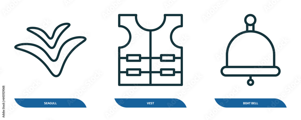 set of 3 linear icons from nautical concept. outline icons such as seagull, vest, boat bell vector set of 3 linear icons from nautical concept. outline icons such as seagull, vest, boat bell vector