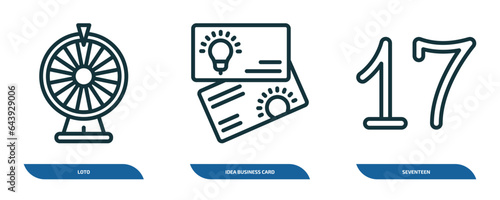 set of 3 linear icons from other concept. outline icons such as loto, idea business card, seventeen vector