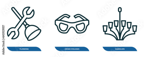 set of 3 linear icons from other concept. outline icons such as plumbering, vintage eyeglasses, chandeliers vector