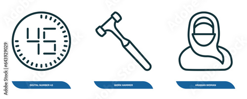 set of 3 linear icons from other concept. outline icons such as digital number 45, work hammer, arabian woman vector