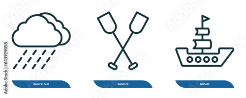 set of 3 linear icons from nautical concept. outline icons such as rainy cloud, paddles, frigate vector