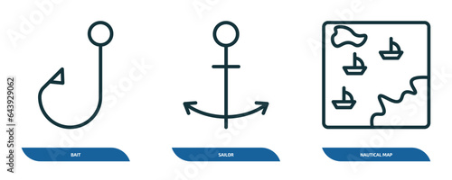 set of 3 linear icons from nautical concept. outline icons such as bait, sailor, nautical map vector