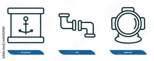 set of 3 linear icons from nautical concept. outline icons such as sea package, pipe, aqualung vector
