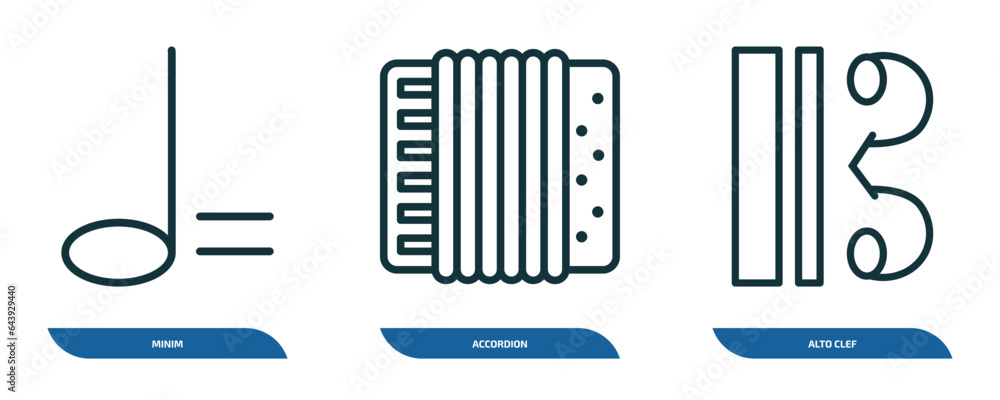 set of 3 linear icons from music and media concept. outline icons such as minim, accordion, alto clef vector set of 3 linear icons from music and media concept. outline icons such as minim, accordion, alto clef vector