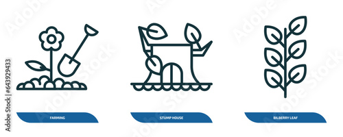 set of 3 linear icons from nature concept. outline icons such as farming, stump house, bilberry leaf vector