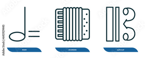 set of 3 linear icons from music and media concept. outline icons such as minim, accordion, alto clef vector