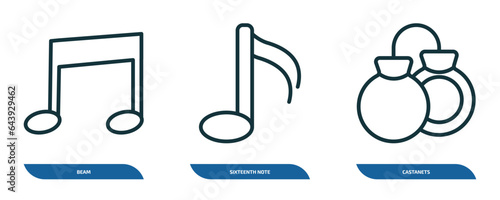 set of 3 linear icons from music concept. outline icons such as beam, sixteenth note, castanets vector