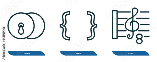 set of 3 linear icons from music and media concept. outline icons such as cymbals, brace, octave vector