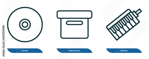 set of 3 linear icons from music and media concept. outline icons such as dvd disc, image archive, melodica vector