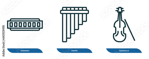 set of 3 linear icons from music concept. outline icons such as harmonica, panpipe, violoncello vector
