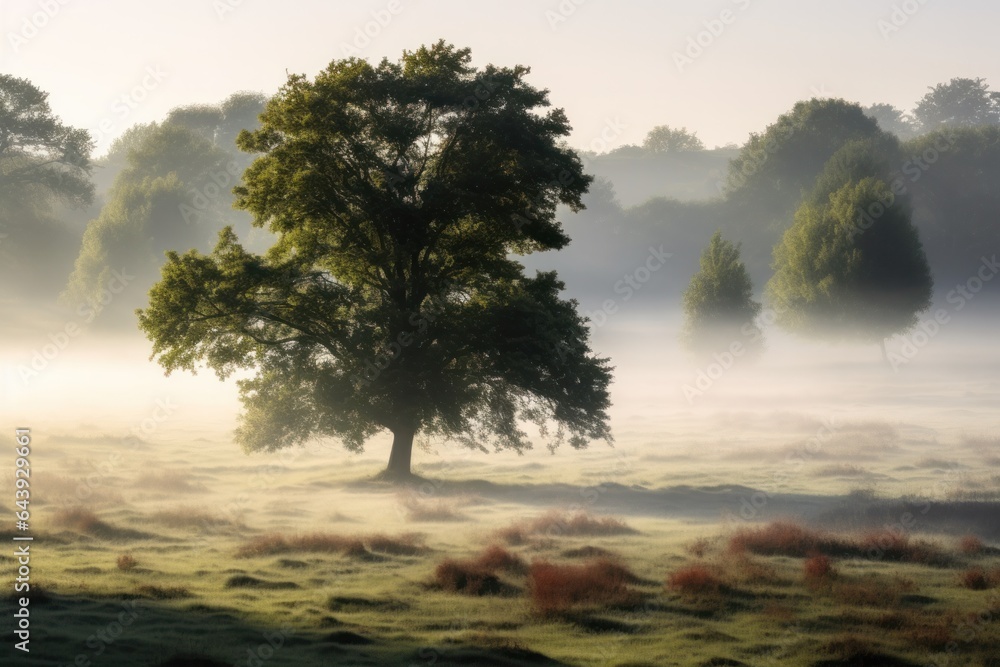white mist on a field surrounded by trees
