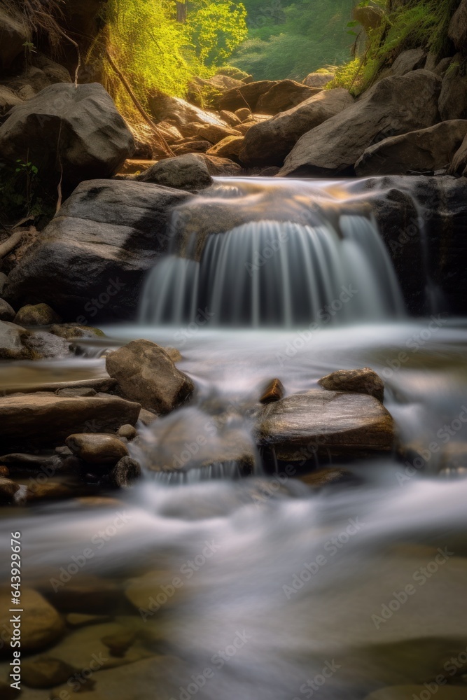 waterfall streaming through rocks in forest, long exposure waterfall streaming through rocks in forest, long exposure
