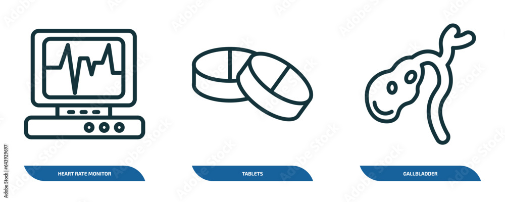 set of 3 linear icons from medical concept. outline icons such as heart rate monitor, tablets, gallbladder vector set of 3 linear icons from medical concept. outline icons such as heart rate monitor, tablets, gallbladder vector