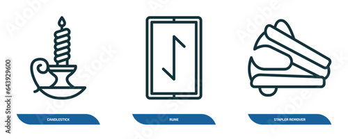 set of 3 linear icons from miscellaneous concept. outline icons such as candlestick, rune, stapler remover vector