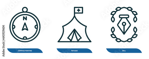 set of 3 linear icons from miscellaneous concept. outline icons such as compass pointing north, refugee, will vector