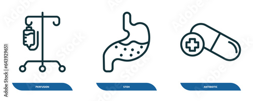set of 3 linear icons from medical concept. outline icons such as perfusion, stoh, antibiotic vector