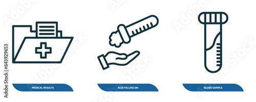 set of 3 linear icons from medical concept. outline icons such as medical results folders, acid falling on hand, blood sample vector