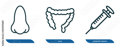 set of 3 linear icons from medical concept. outline icons such as l, colon, syringe with medicine vector