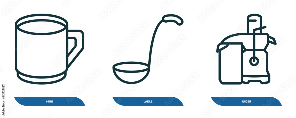set of 3 linear icons from kitchen concept. outline icons such as mug, ladle, juicer vector