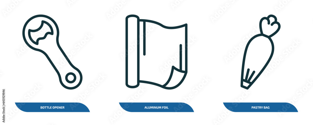set of 3 linear icons from kitchen concept. outline icons such as bottle opener, aluminum foil, pastry bag vector set of 3 linear icons from kitchen concept. outline icons such as bottle opener, aluminum foil, pastry bag vector