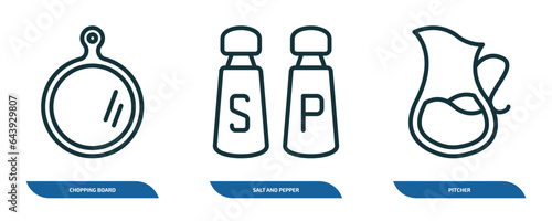 set of 3 linear icons from kitchen concept. outline icons such as chopping board, salt and pepper, pitcher vector
