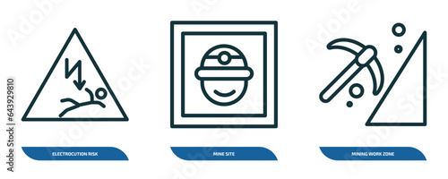 set of 3 linear icons from maps and flags concept. outline icons such as electrocution risk, mine site, mining work zone vector