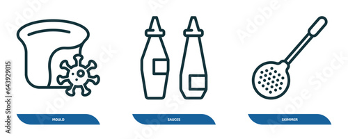 set of 3 linear icons from kitchen concept. outline icons such as mould, sauces, skimmer vector