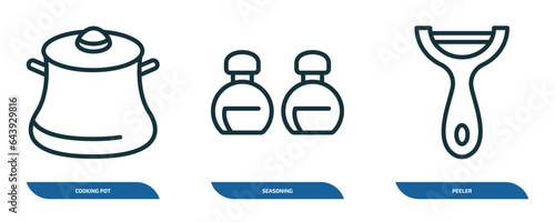 set of 3 linear icons from kitchen concept. outline icons such as cooking pot, seasoning, peeler vector