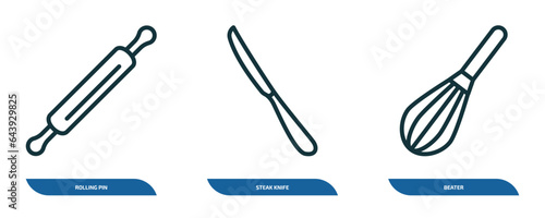 set of 3 linear icons from kitchen concept. outline icons such as rolling pin, steak knife, beater vector