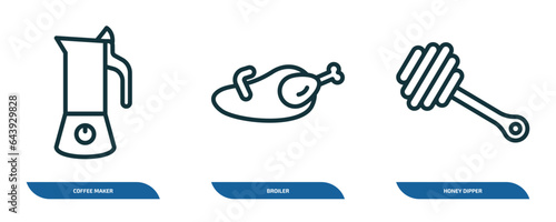 set of 3 linear icons from kitchen concept. outline icons such as coffee maker, broiler, honey dipper vector