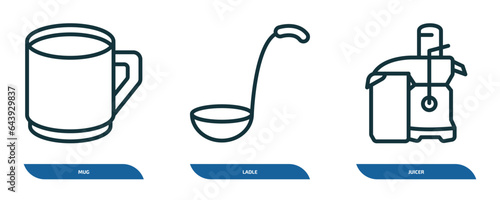 set of 3 linear icons from kitchen concept. outline icons such as mug, ladle, juicer vector
