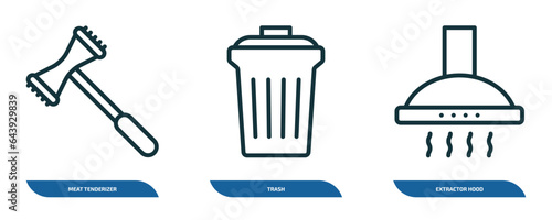 set of 3 linear icons from kitchen concept. outline icons such as meat tenderizer, trash, extractor hood vector