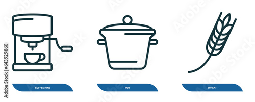 set of 3 linear icons from kitchen concept. outline icons such as coffee hine, pot, wheat vector