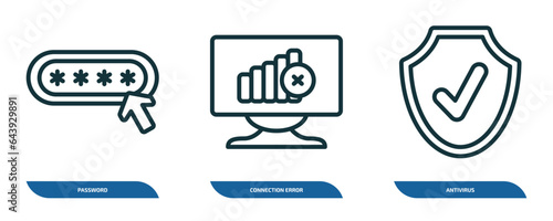 set of 3 linear icons from internet security concept. outline icons such as password, connection error, antivirus vector