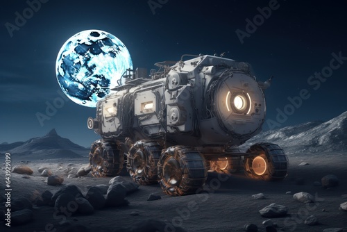 Lunar program for the exploration of the Earth's satellite. The lunar rover on the surface of the moon studies the situation and takes soil samples.