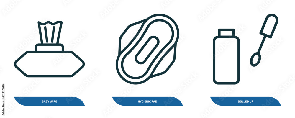 set of 3 linear icons from hygiene concept. outline icons such as baby wipe, hygienic pad, dolled up vector set of 3 linear icons from hygiene concept. outline icons such as baby wipe, hygienic pad, dolled up vector