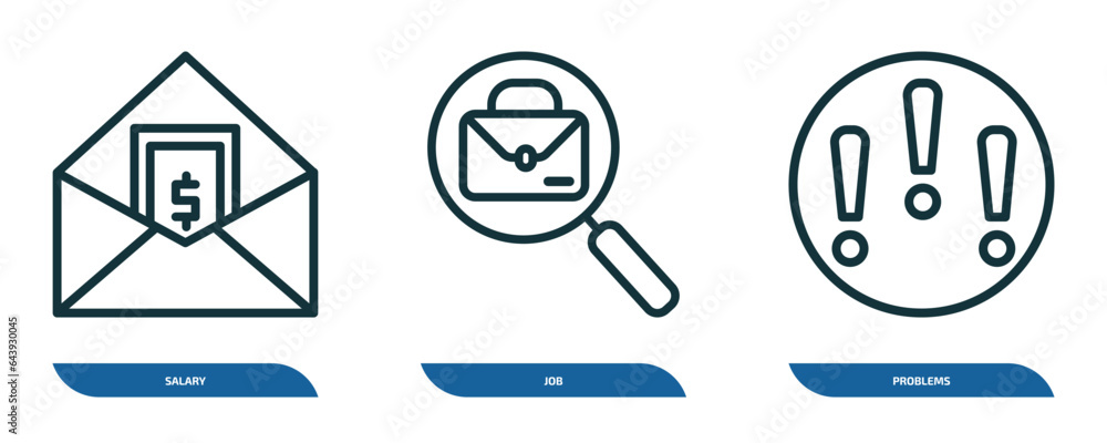 set of 3 linear icons from human resources concept. outline icons such as salary, job, problems vector set of 3 linear icons from human resources concept. outline icons such as salary, job, problems vector