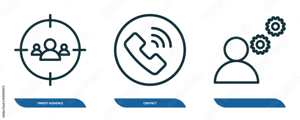 set of 3 linear icons from human resources concept. outline icons such as target audience, contact, vector