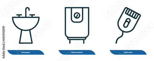 set of 3 linear icons from hygiene concept. outline icons such as washbowl, water heater, depilator vector