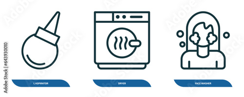 set of 3 linear icons from hygiene concept. outline icons such as l aspirator, dryer, face washer vector