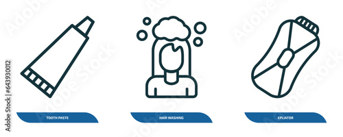 set of 3 linear icons from hygiene concept. outline icons such as tooth paste, hair washing, epliator vector