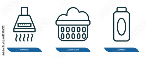 set of 3 linear icons from hygiene concept. outline icons such as extractor, laundry basket, hair tonic vector