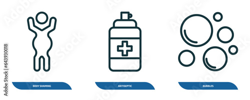 set of 3 linear icons from hygiene concept. outline icons such as body shaming, antiseptic, bubbles vector