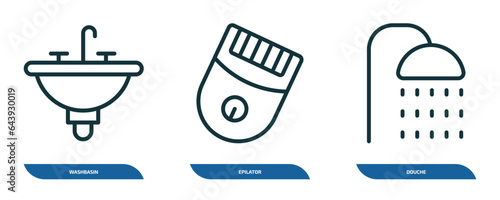 set of 3 linear icons from hygiene concept. outline icons such as washbasin, epilator, douche vector