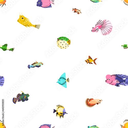 Seamless tropical sea pattern, cute funny fishes. Marine underwater backgroun...