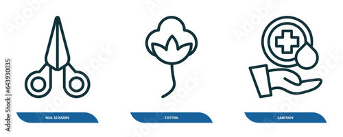 set of 3 linear icons from hygiene concept. outline icons such as nail scissors, cotton, sanitary vector