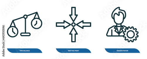 set of 3 linear icons from human resources concept. outline icons such as time balance, meeting point, administrator vector
